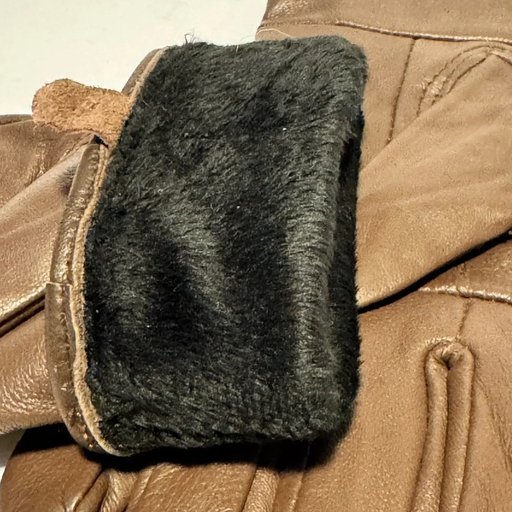 GLOVES Women’s Gloves Brown Faux Leather Bows Fur Lined Soft Driving Fashion EUC
